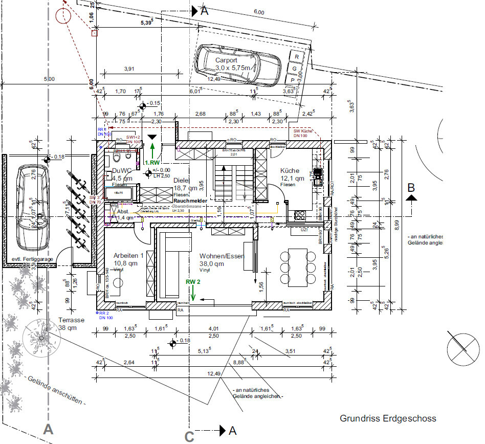 Grundriss Erdgeschoss mit Carport, Terrasse, Küche, Wohnen/Essen, Diele, Arbeiten 1, Du/WC.