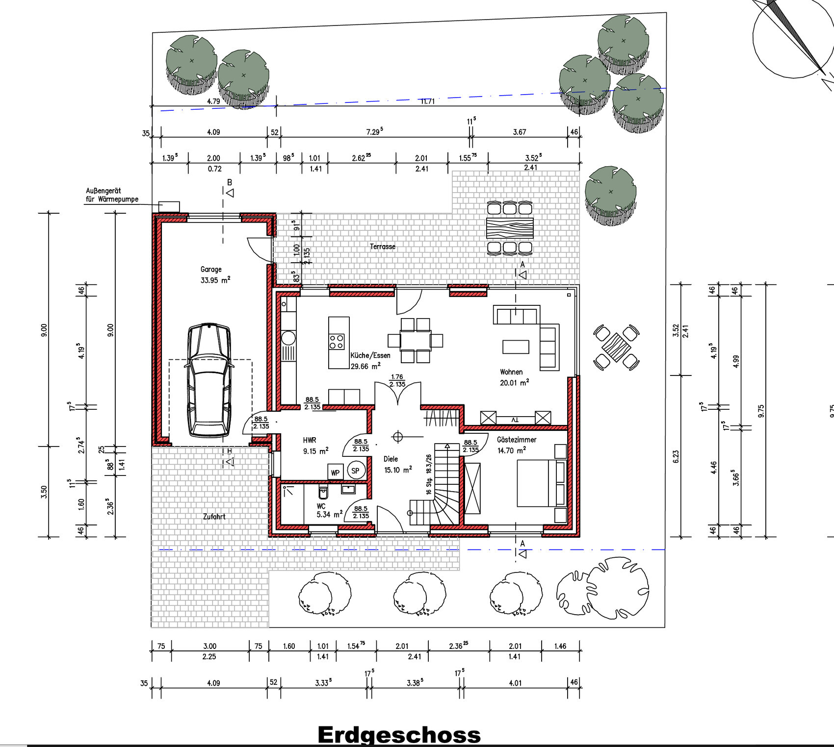 Erdgeschoss Grundriss mit Garage, Küche, Wohnen und Terrasse