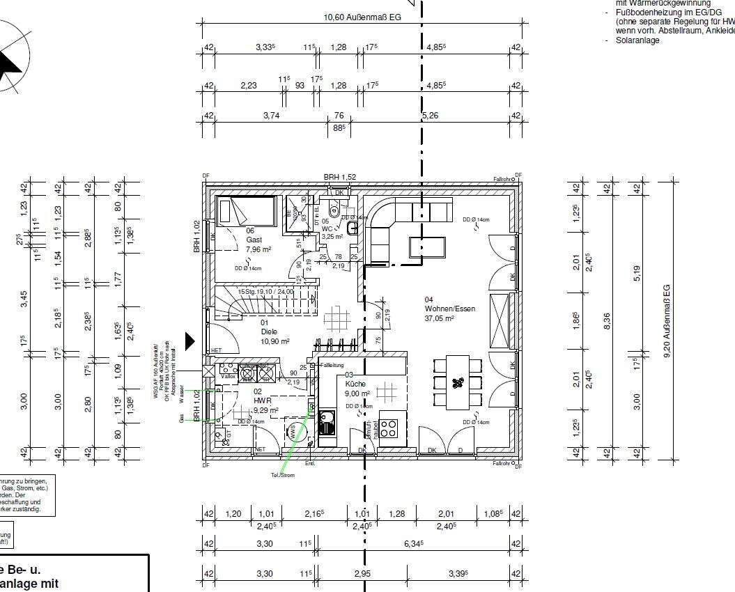 Grundriss eines Hauses mit Küche, Essbereich und Wohnzimmer im Erdgeschoss