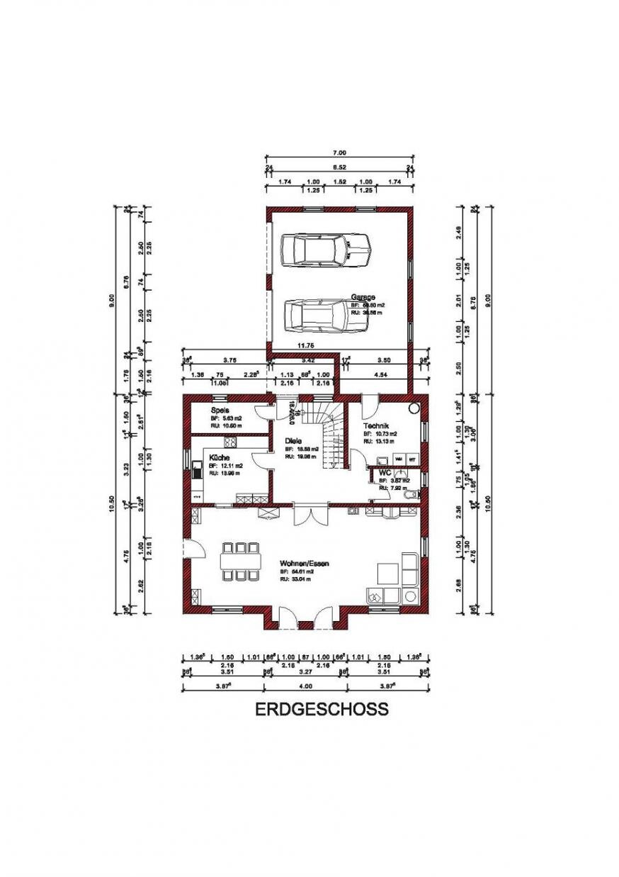 Grundriss Erdgeschoss: Garage mit zwei Autos, Wohnen/Essen, Küche, Speis, Diele, Technik, WC.