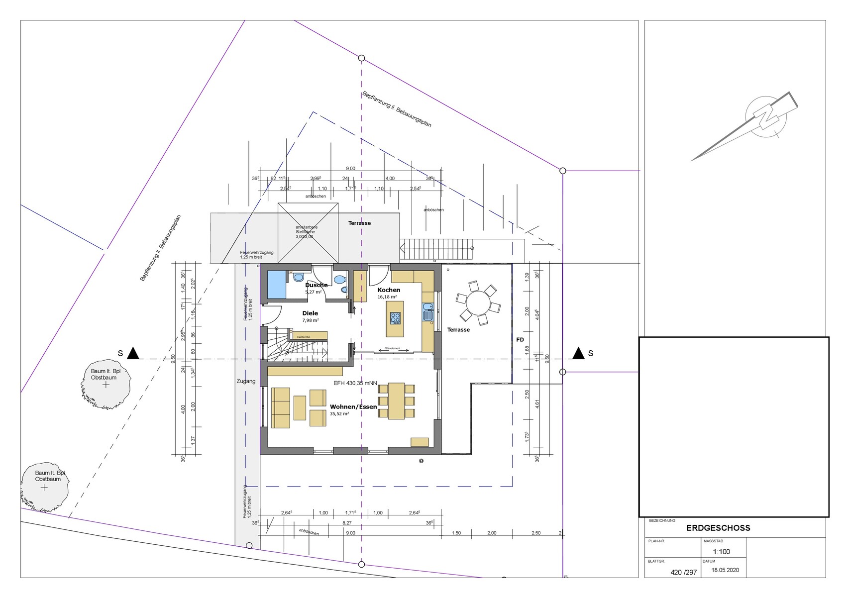 Grundriss Erdgeschoss: Wohnen/Essen, Küche, Diele, Terrasse; Maßstab 1:100.