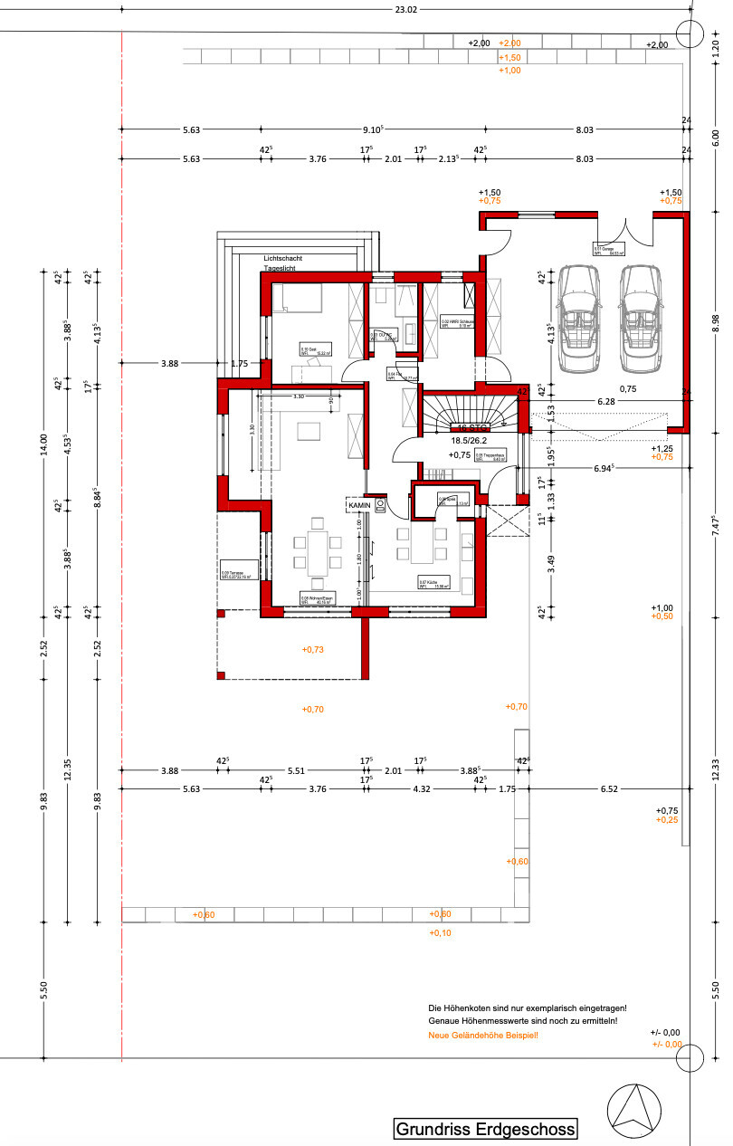 Grundriss Erdgeschoss: Hausplan mit Wohnzimmer, Küche, Essbereich, Treppenhaus und Garage