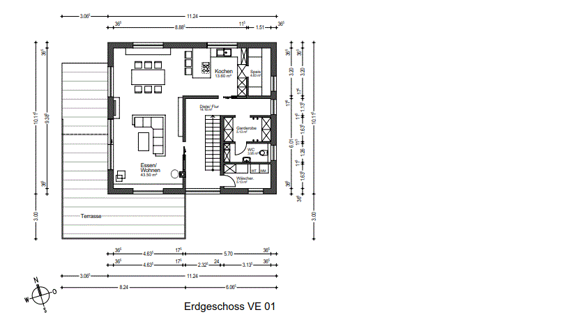 Grundriss Erdgeschoss VE 01: Wohn- und Essbereich, Küche, WC, Flur, Terrasse