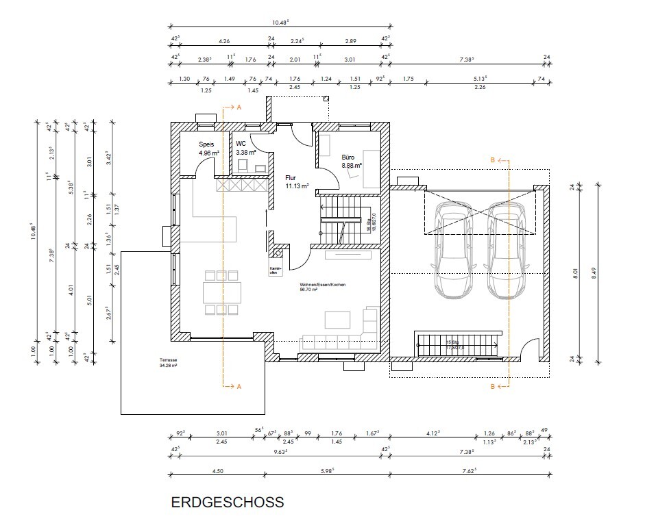 Grundriss Erdgeschoss mit Terrasse, Wohnzimmer, Küche, Speis, WC, Büro, Flur, Doppelgarage.