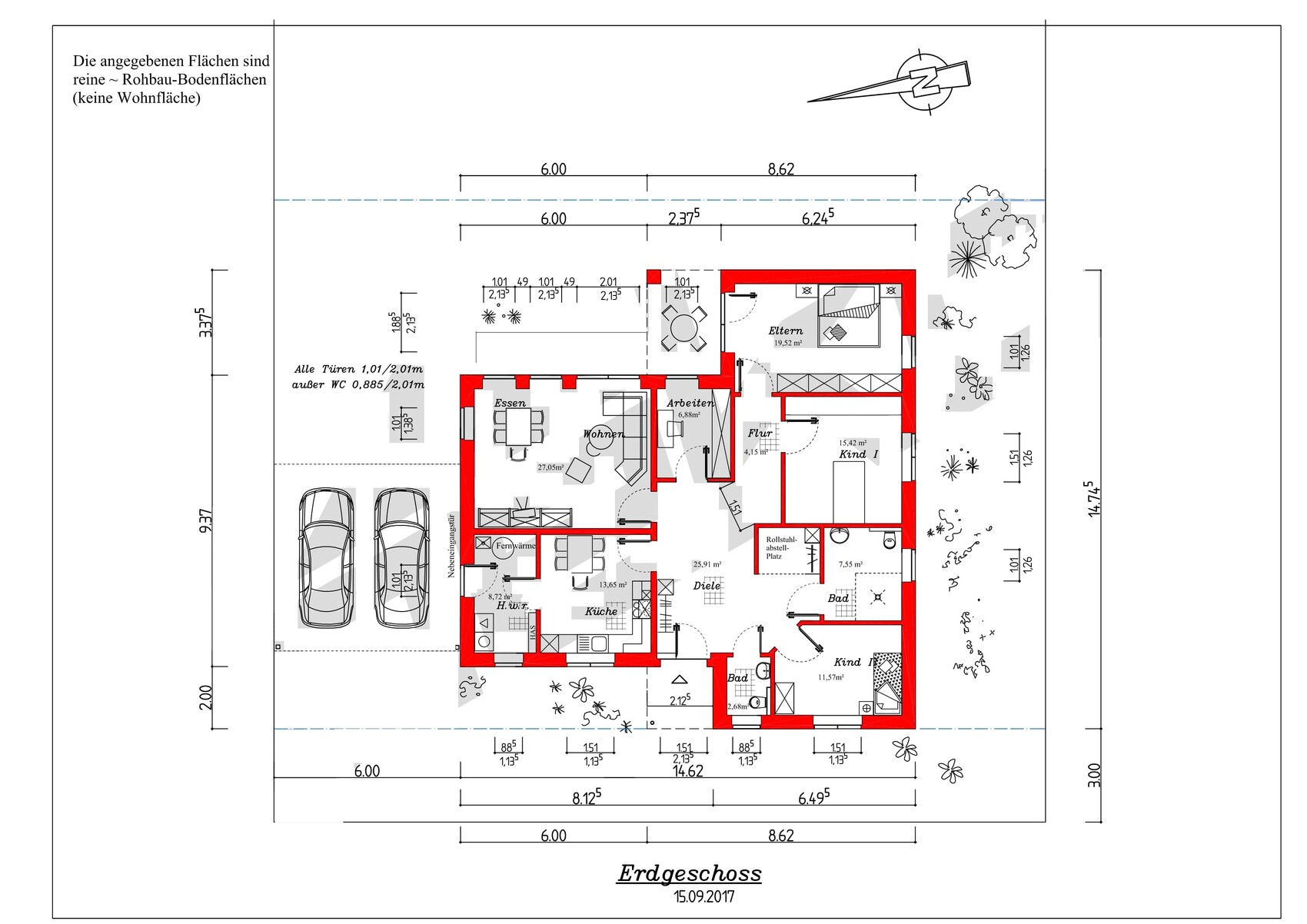 Grundrissplan des Erdgeschosses mit rot markierten Innenwänden