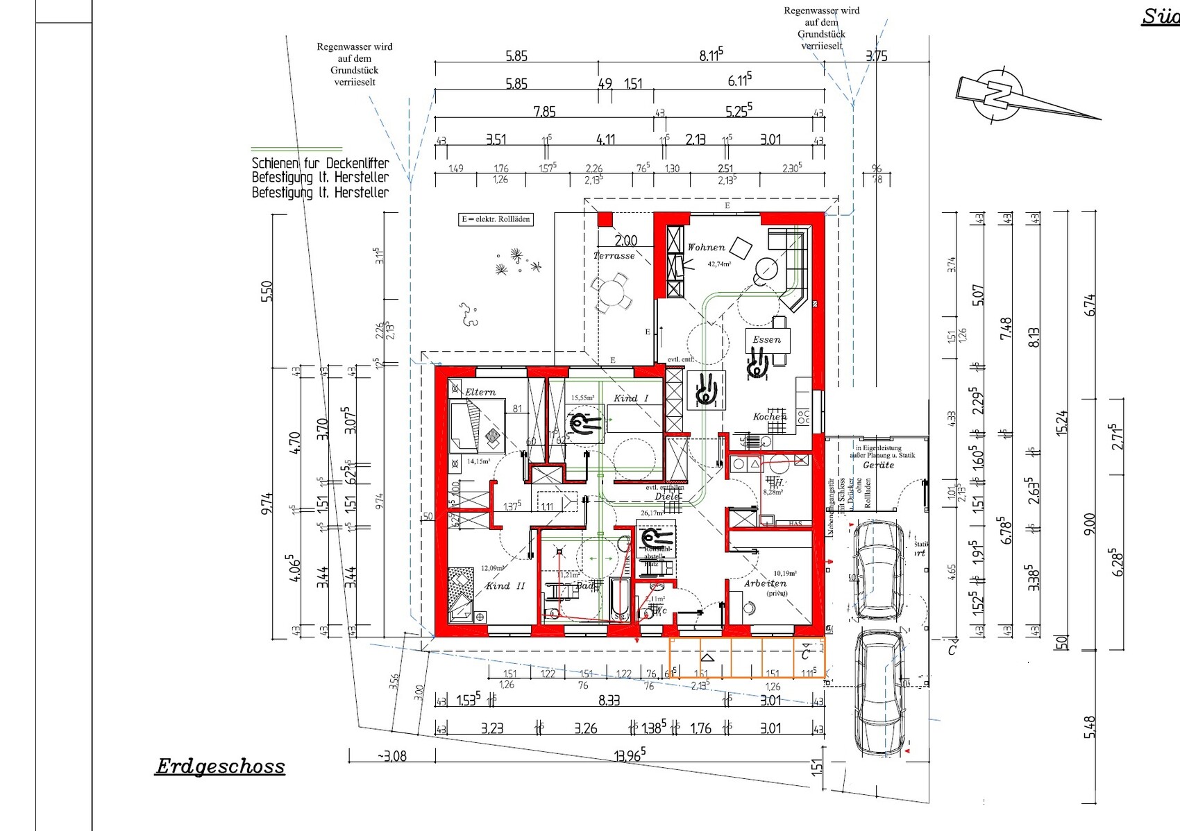 Grundrissplan eines Einfamilienhauses Erdgeschoss mit Wohnen, Küche, Schlafzimmern und Terrasse.