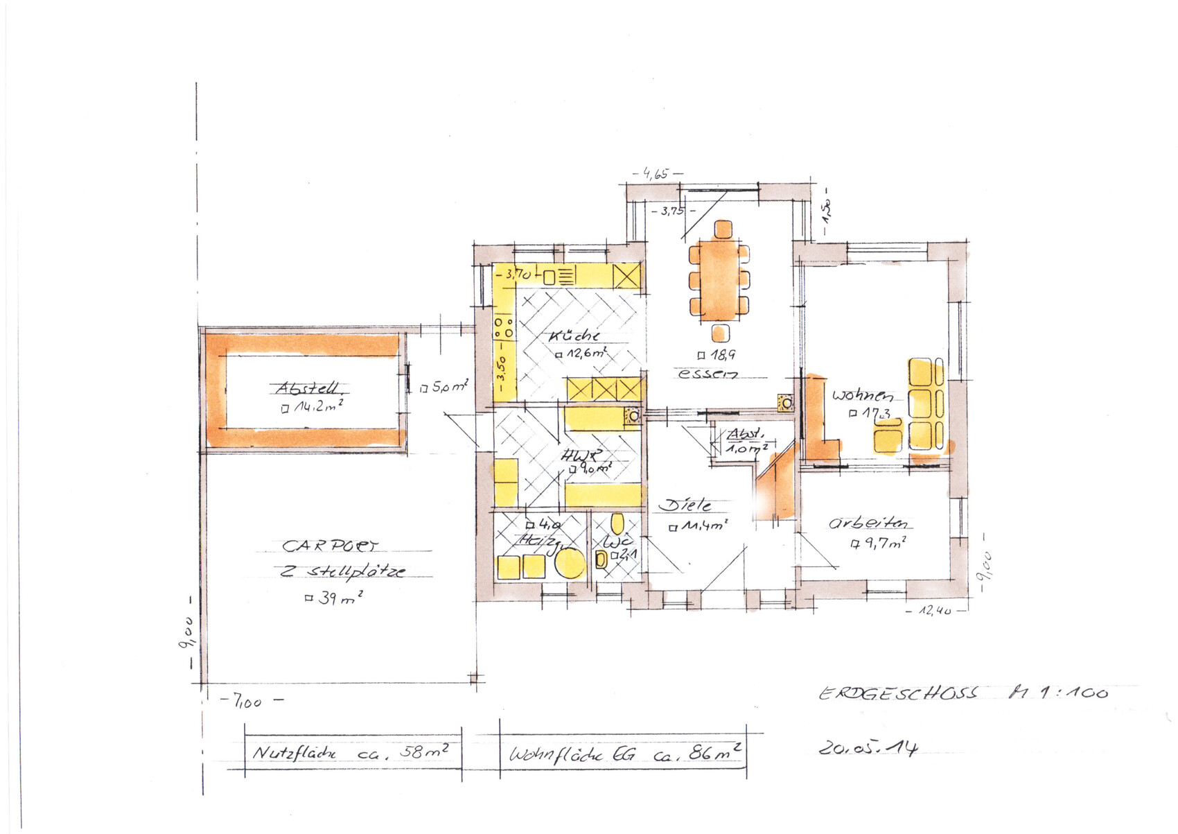Handgezeichneter Grundriss des Erdgeschosses mit Küche, Essbereich, Wohnzimmer und Arbeitszimmer