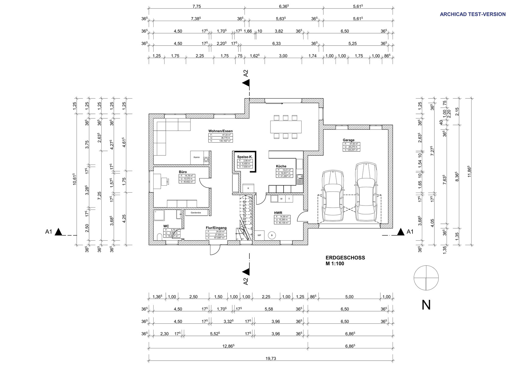 2D Grundriss des Erdgeschosses eines Hauses mit Wohnzimmer, Küche, Flur und Doppelgarage