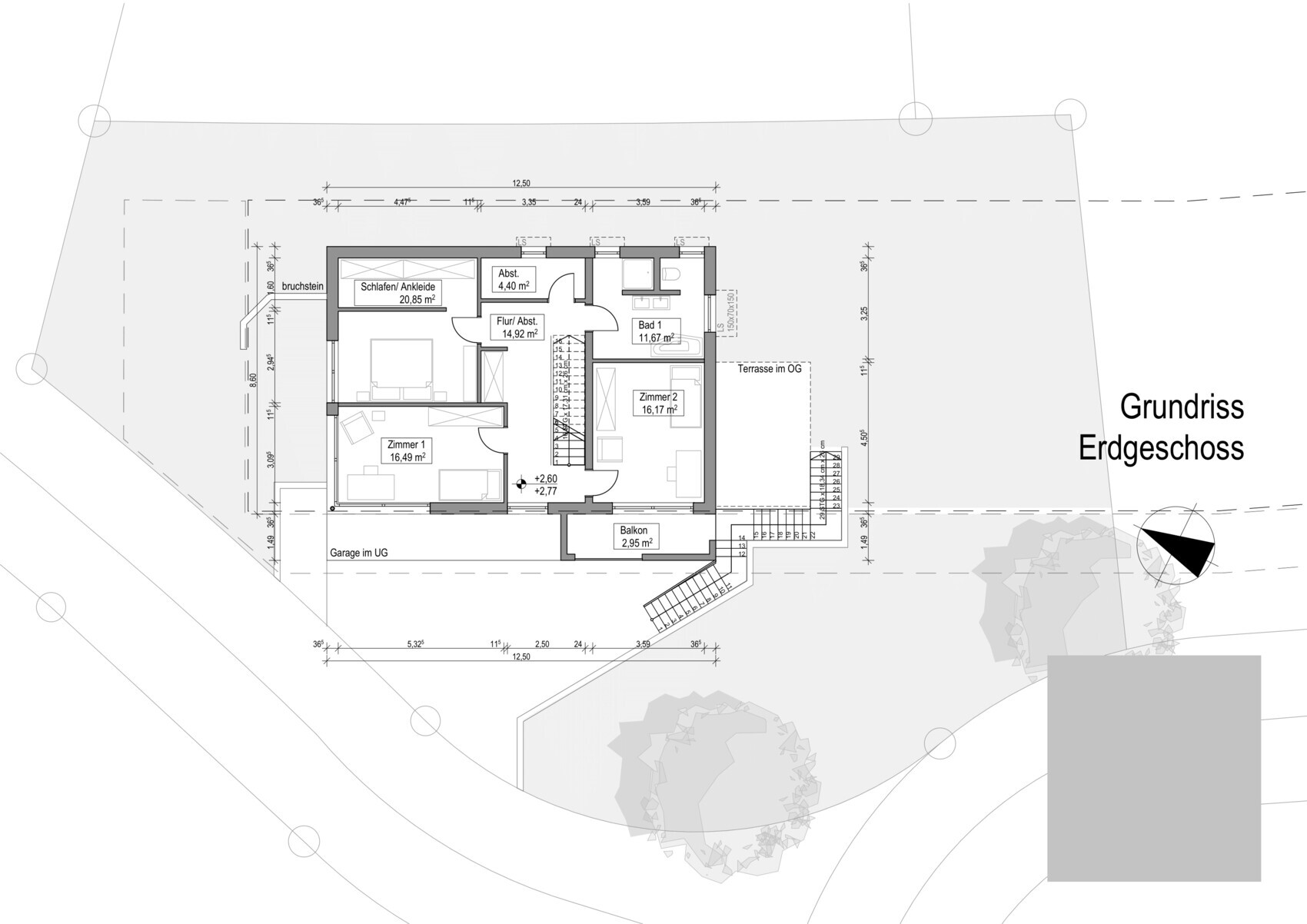 Grundriss Erdgeschoss eines Hauses mit Schlafzimmer, Bad, Flur und Terrasse als Planzeichnung.