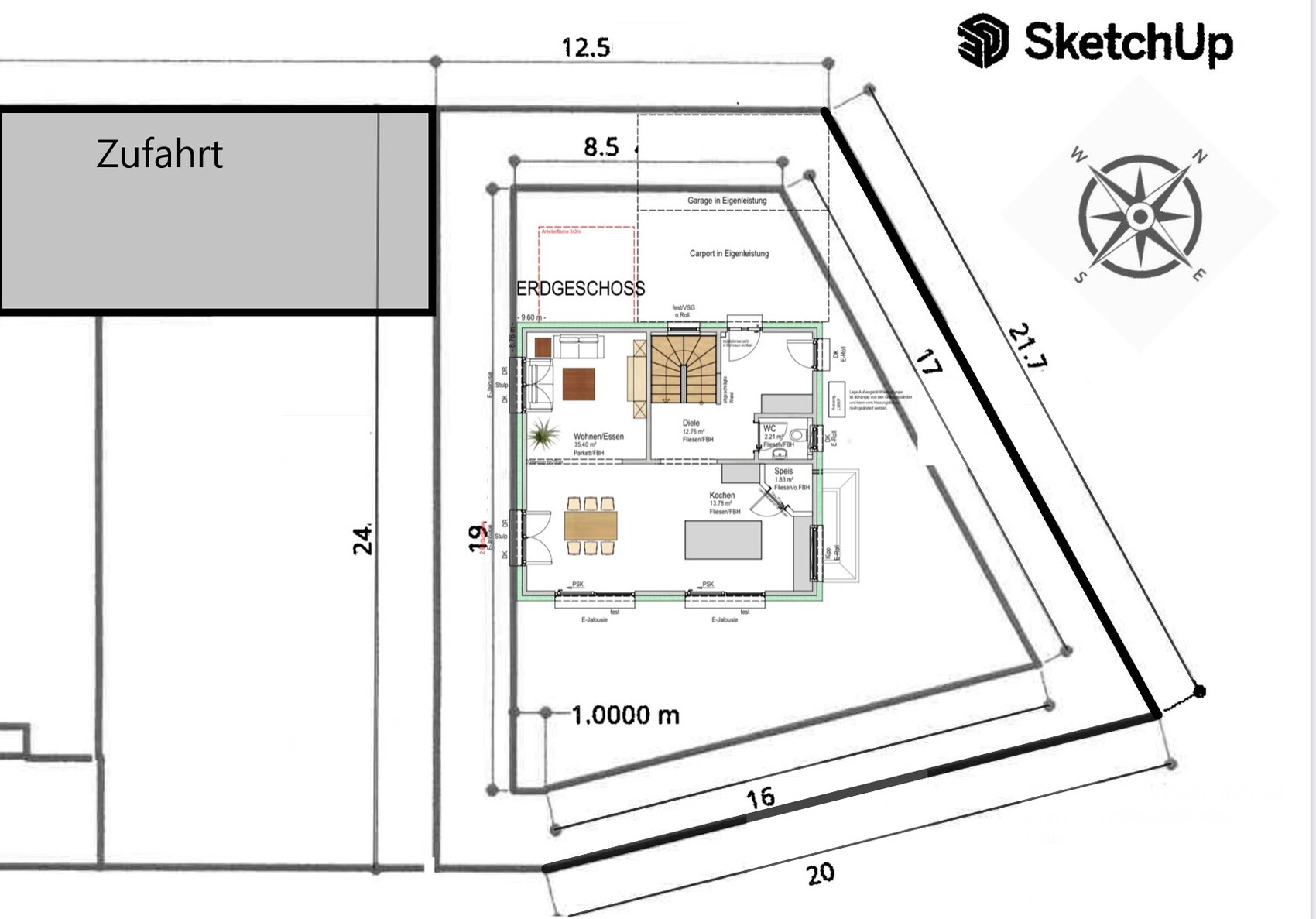 Grundriss Erdgeschoss eines Hauses mit Wohnzimmer, Küche, Diele, WC; Zufahrt links.