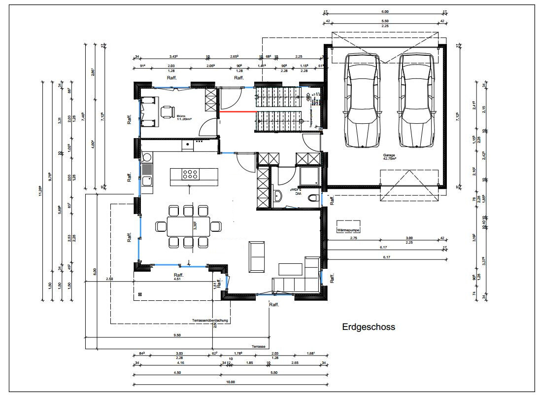 Erdgeschoss Grundriss eines Hauses mit Garage, Küche, Essbereich und Wohnzimmer