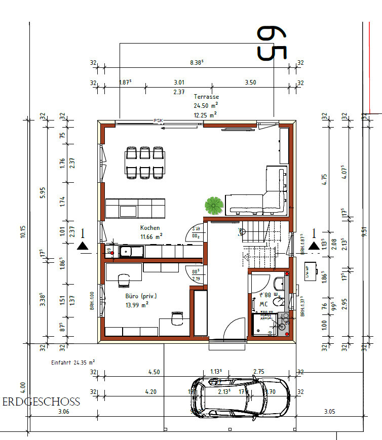 Einfamilienhaus Grundriss Erdgeschoss mit Küche, Büro, Wohnzimmer, Bad, Treppe und Garage