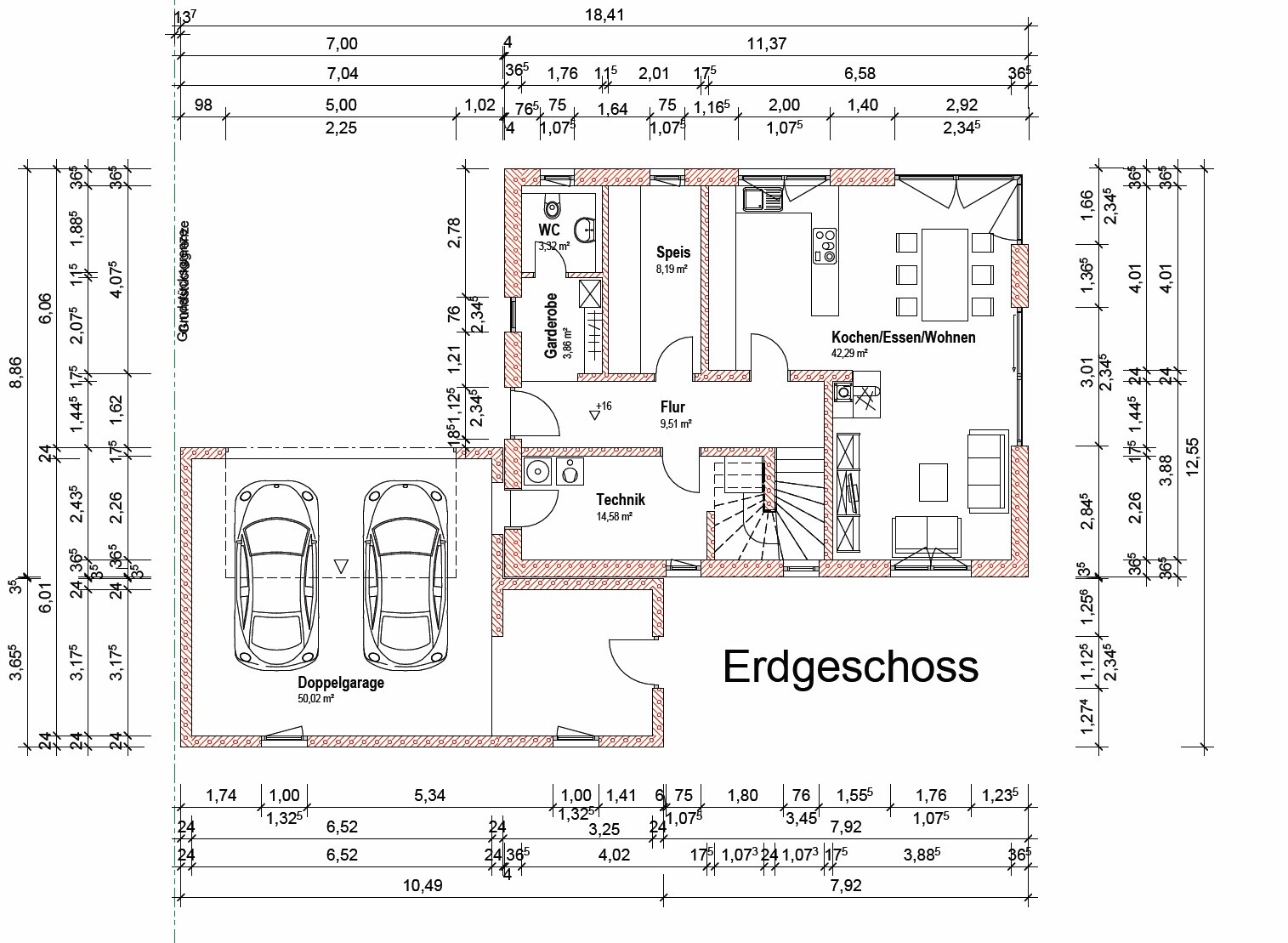 Grundriss Erdgeschoss: Doppelgarage, Technik, Garderobe, WC, Speis, Küche/Essen/Wohnen.