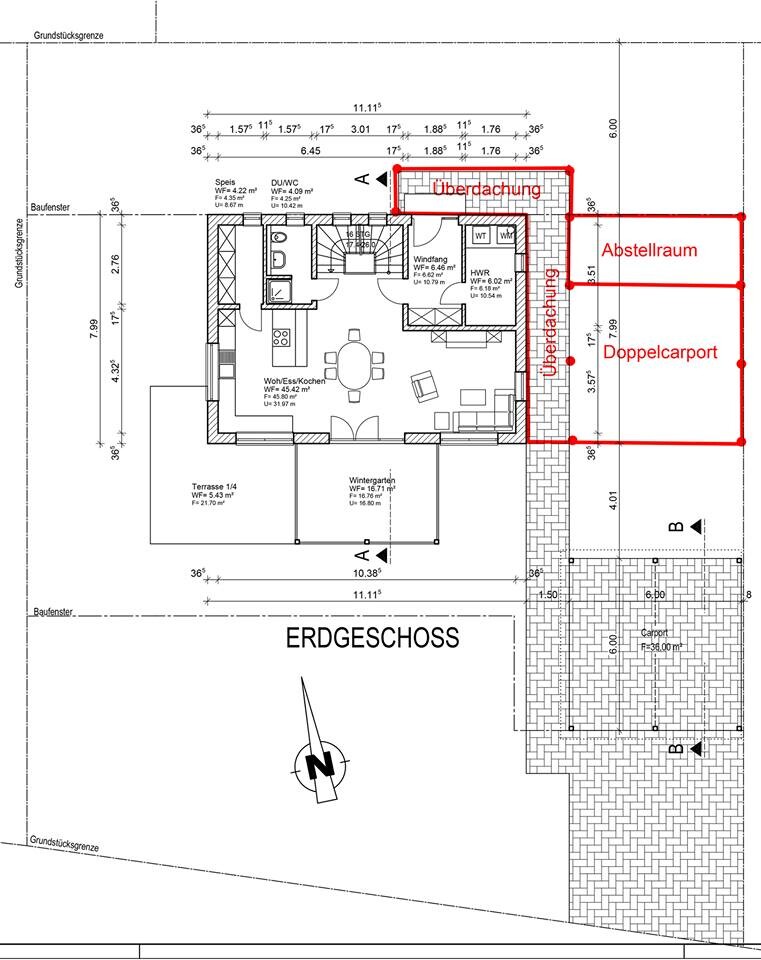 Grundriss Erdgeschoss eines Hauses mit Wohnbereich, Wintergarten, Abstellraum und Doppelcarport.