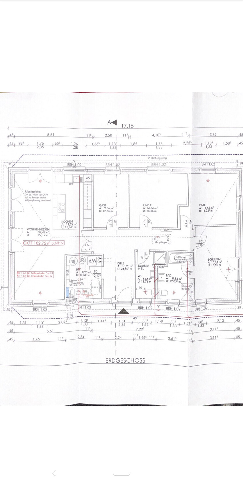 Grundriss Erdgeschoss: Wohnen/Essen, Kochen, Flur, Gästezimmer, Kinderzimmer, Schlafraum, Bad.