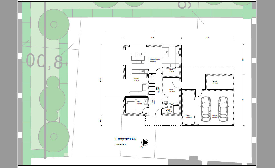 Grundriss Erdgeschoss eines Hauses mit Wohnzimmer, Küche, HWR, Bad, Gäste-WC, Garage für zwei Pkw.