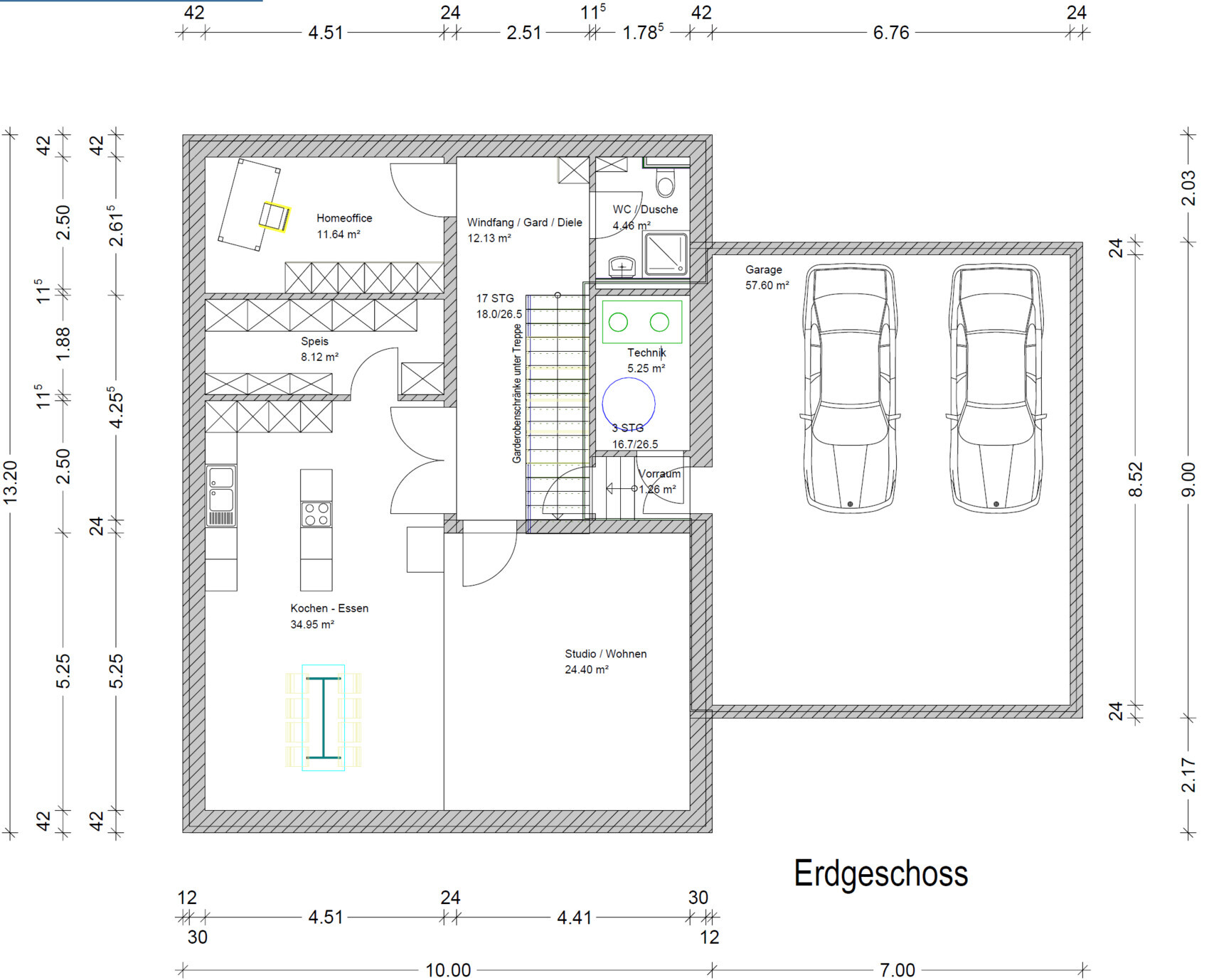 2D-Grundriss Erdgeschoss: Küche, Studio/Wohnen, Homeoffice, Speis, Technikraum und Doppelgarage