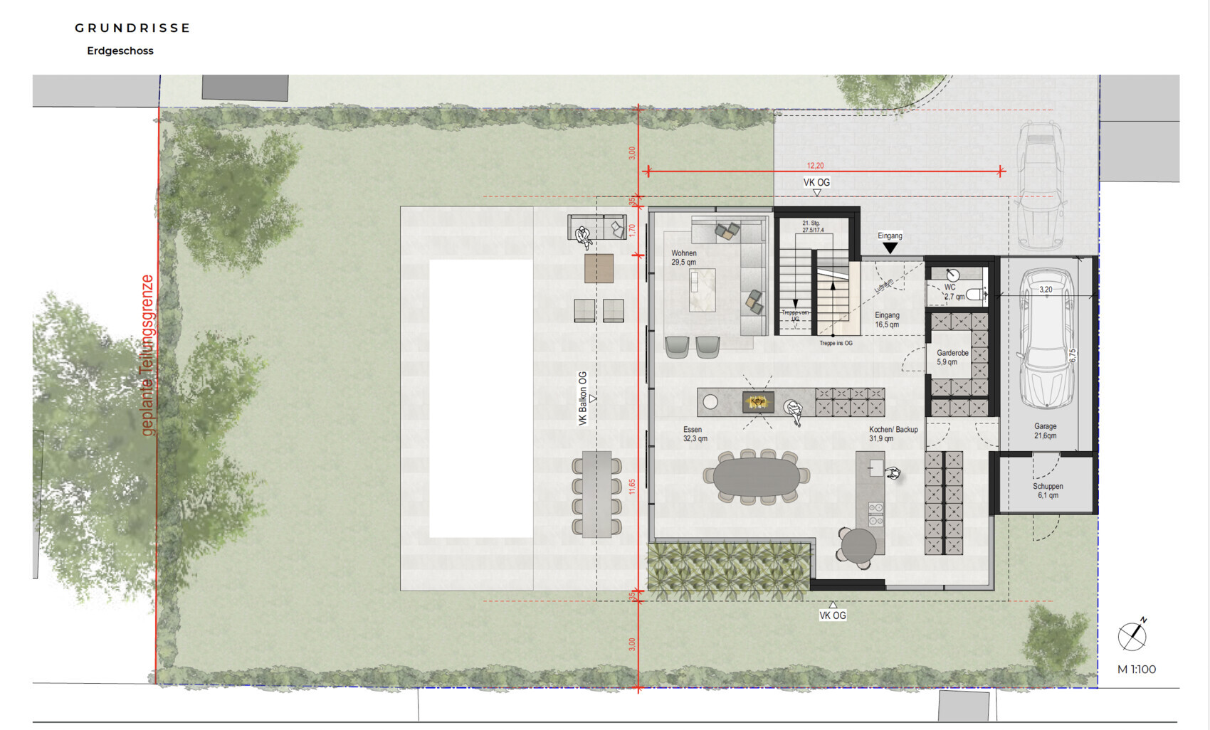 Grundriss Erdgeschoss eines Hauses mit Garten und Zufahrt