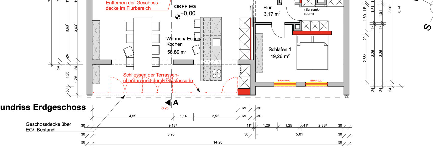 Grundriss Erdgeschoss: Offener Wohn-/Essbereich, Küche, Schlafzimmer, Terrasse.