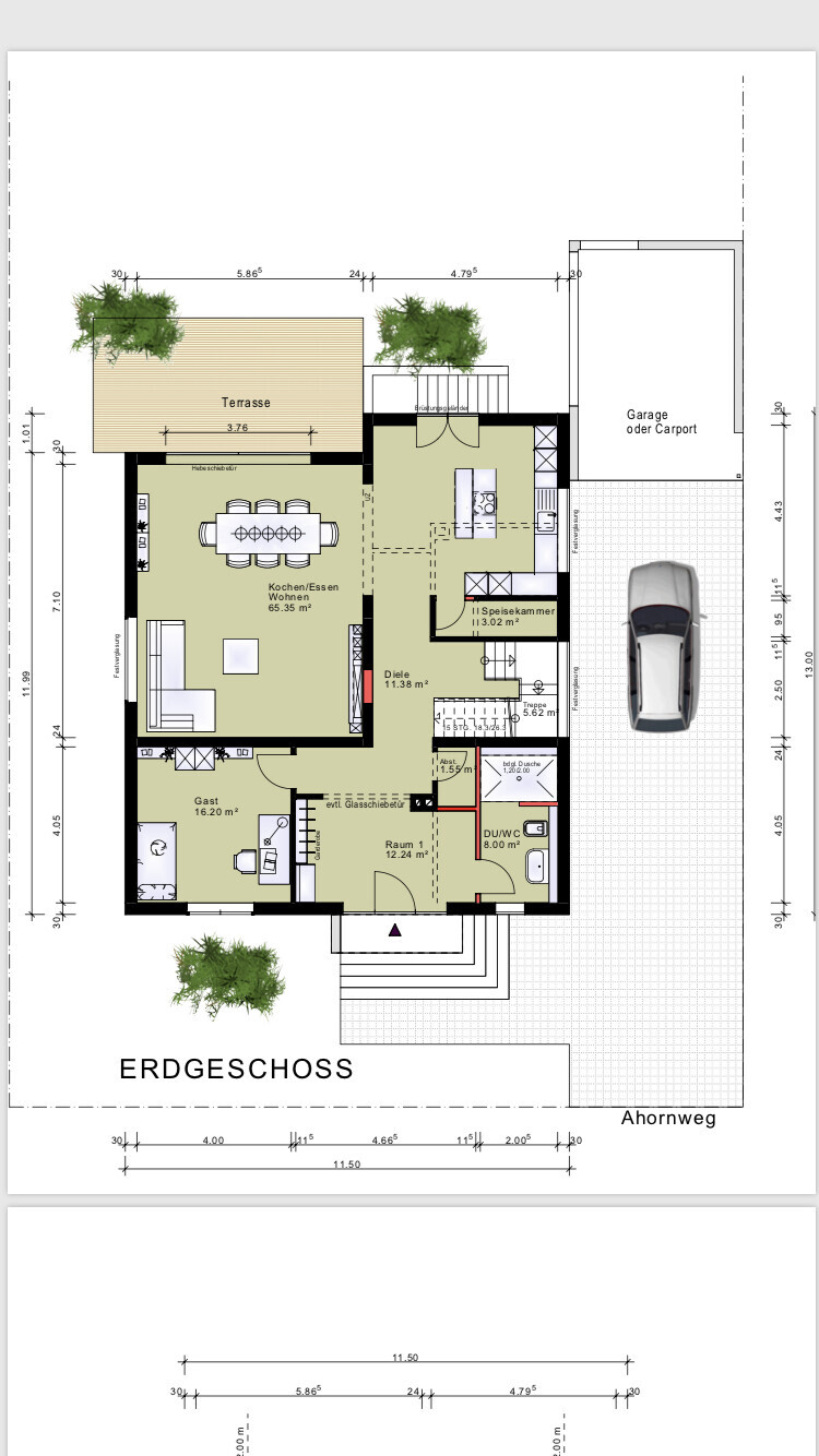 Grundriss des Erdgeschosses eines Hauses mit Terrasse und Garage