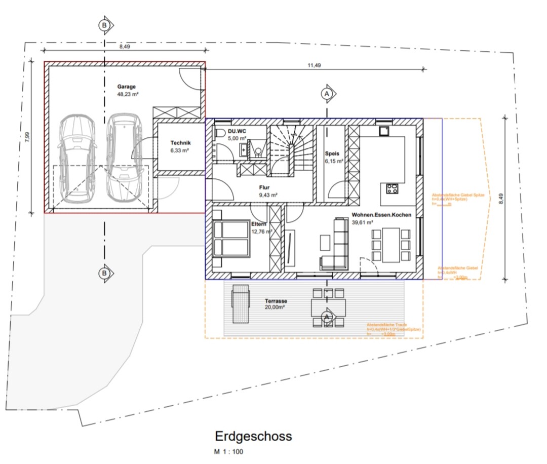 Erdgeschoss-Grundriss: Garage, Technik, Flur, DU/WC, Eltern, Speis, Wohnen/Essen/Kochen, Terrasse