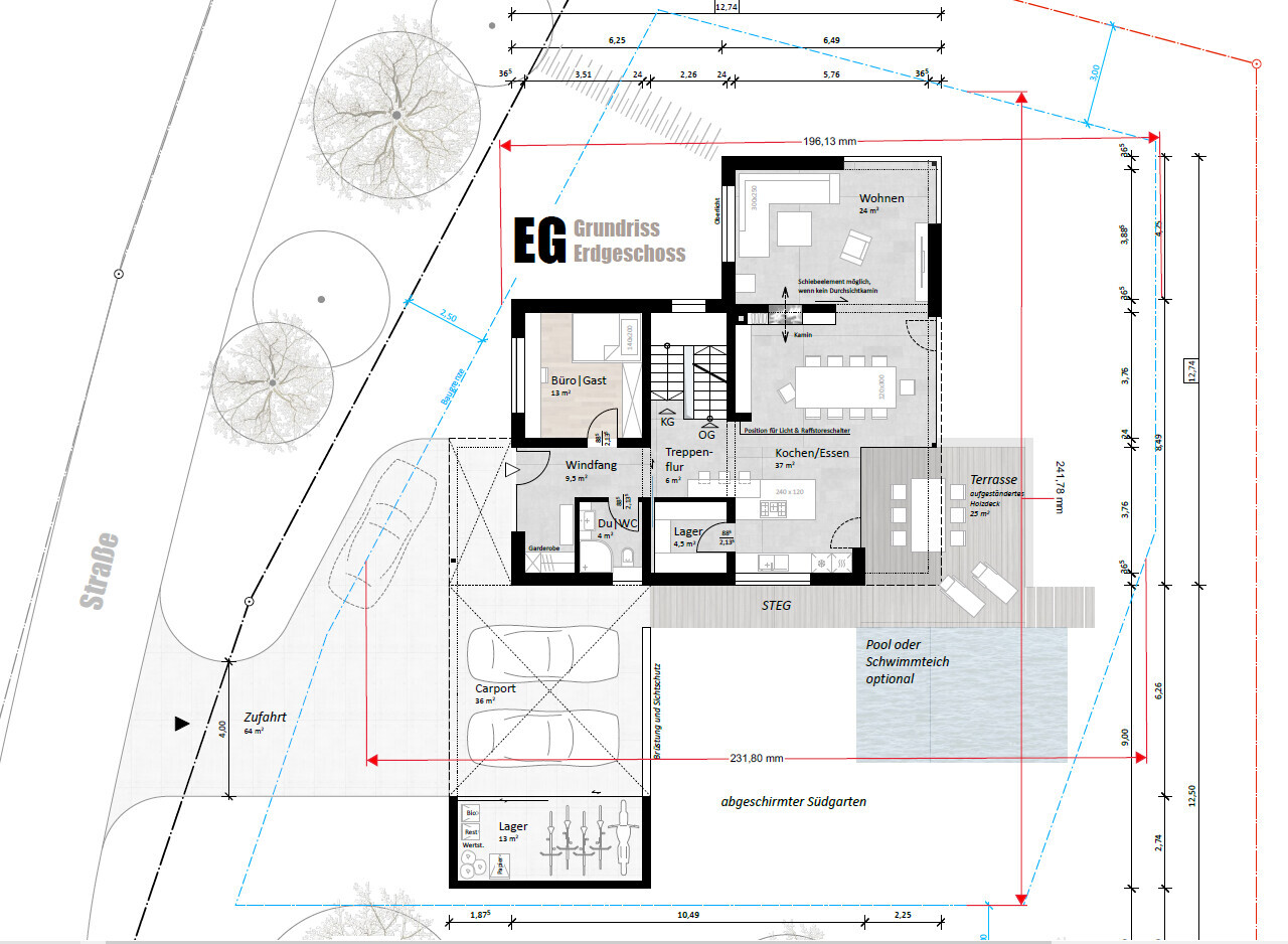 EG-Grundriss Erdgeschoss mit Wohnzimmer, Küche/Essen, Terrasse, Carport und Gartenbereich.