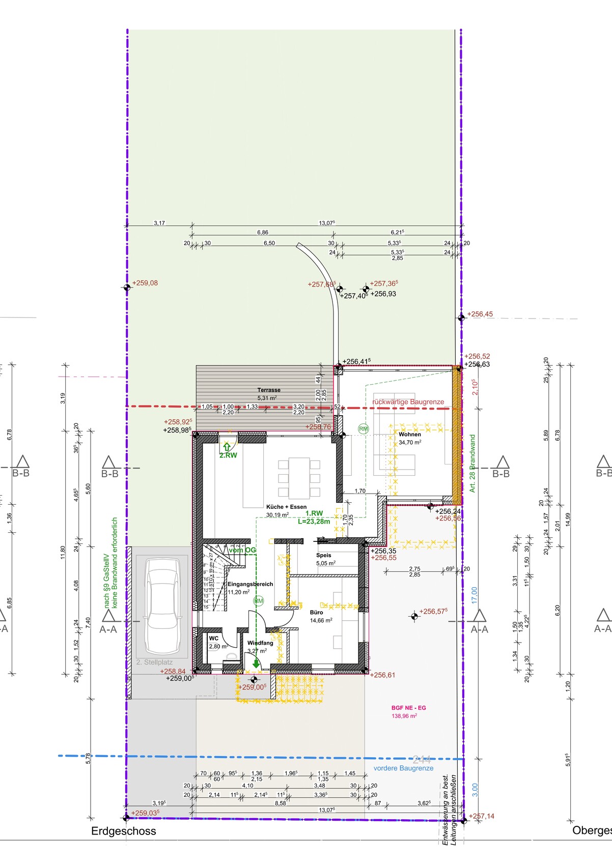 Grundriss Erdgeschoss: Küche, Essen, Wohnen, Terrasse, Büro, Carport.