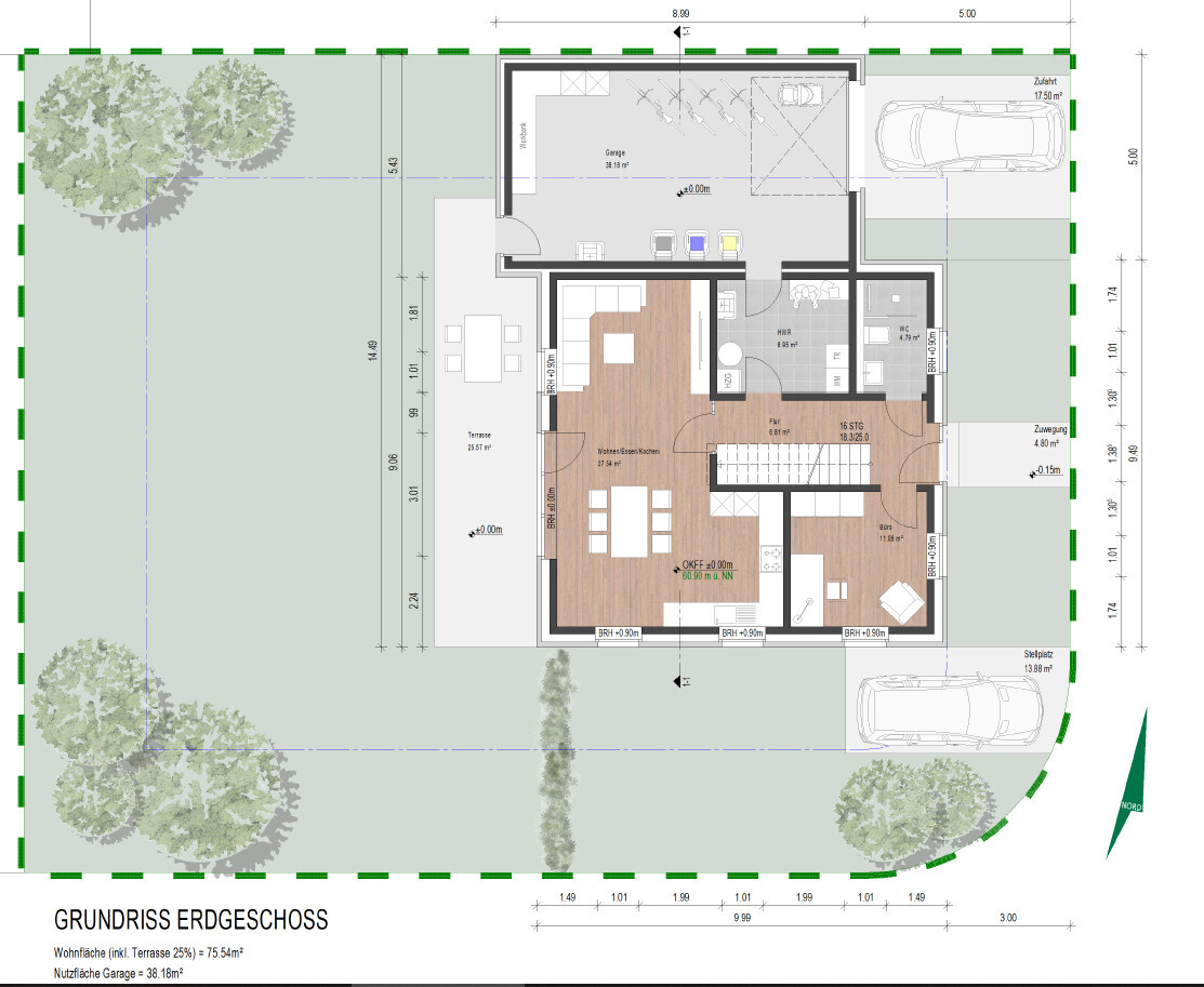 Grundriss Erdgeschoss eines Hauses mit Garten, Terrasse, Garage und Wohn-/Essbereich