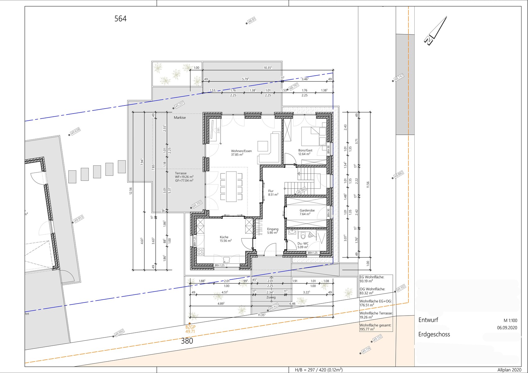 Grundriss Erdgeschoss: Küche, Wohnen/Essen, Flur, Büro/Gast, Terrasse.