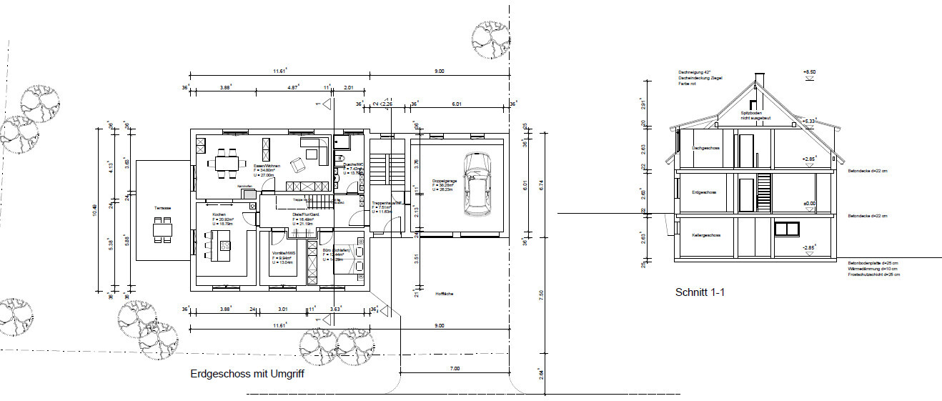 Architekturplan: Erdgeschoss-Grundriss mit Garage, Terrasse und Treppen; Schnitt 1-1.