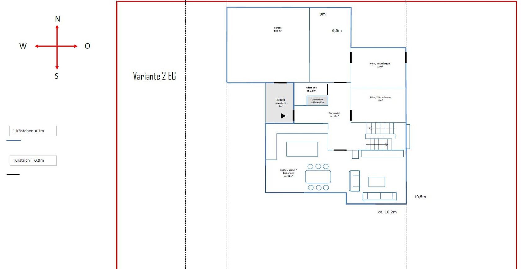 Grundriss Erdgeschoss Variante 2: Küche/Wohnen/Essbereich, Büro/Gästezimmer, HWR, Treppenhaus
