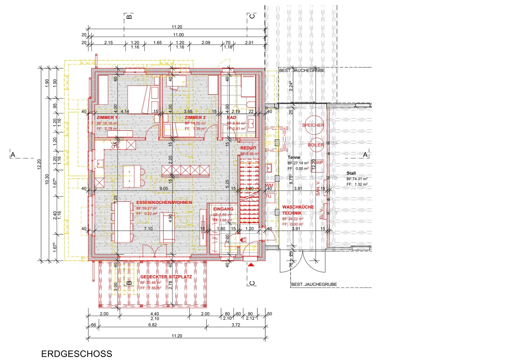 Architekturplan des Erdgeschosses eines Hauses mit Küche, Essen-Wohnen-Bereich, Bad und Waschküche.