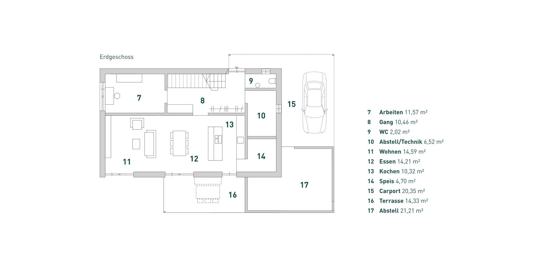 Grundriss des Erdgeschosses mit nummerierten Räumen 7–17 und Carport (15).