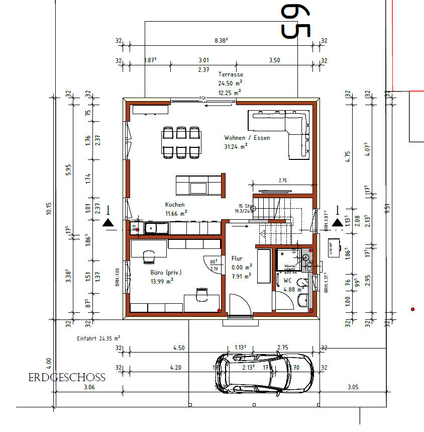 Grundriss Erdgeschoss: Wohnen/Essen, Kochen, Büro, Flur, WC; Terrasse und Einfahrt mit Auto