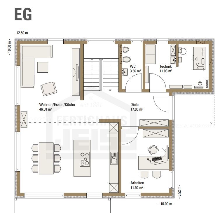 EG-Grundriss: offenes Wohnen/Essen/Küche, Diele, WC, Technik, Arbeiten, Treppen