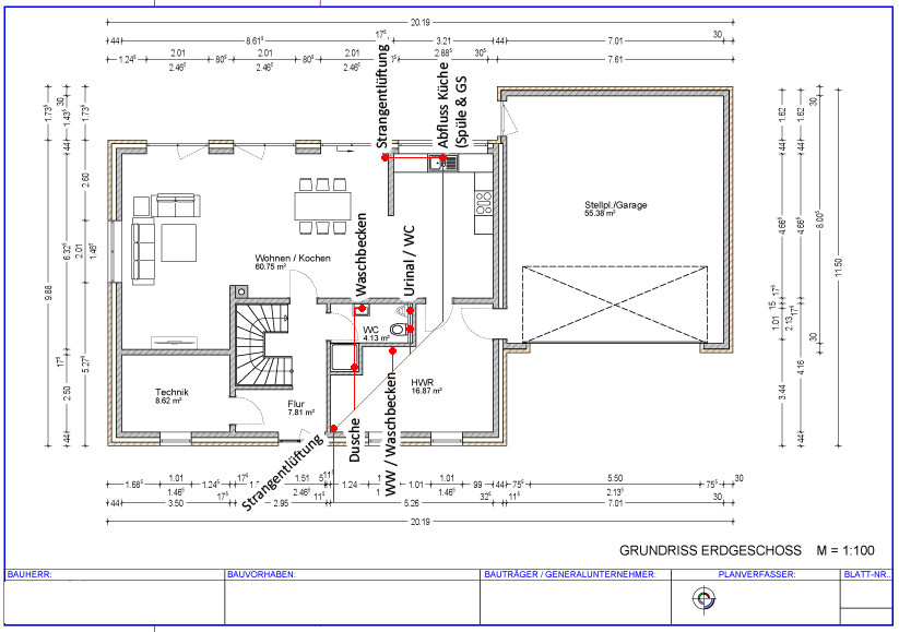 2D-Grundriss Erdgeschoss eines Hauses mit Wohnbereich, Küche, Bad, Flur und Garage