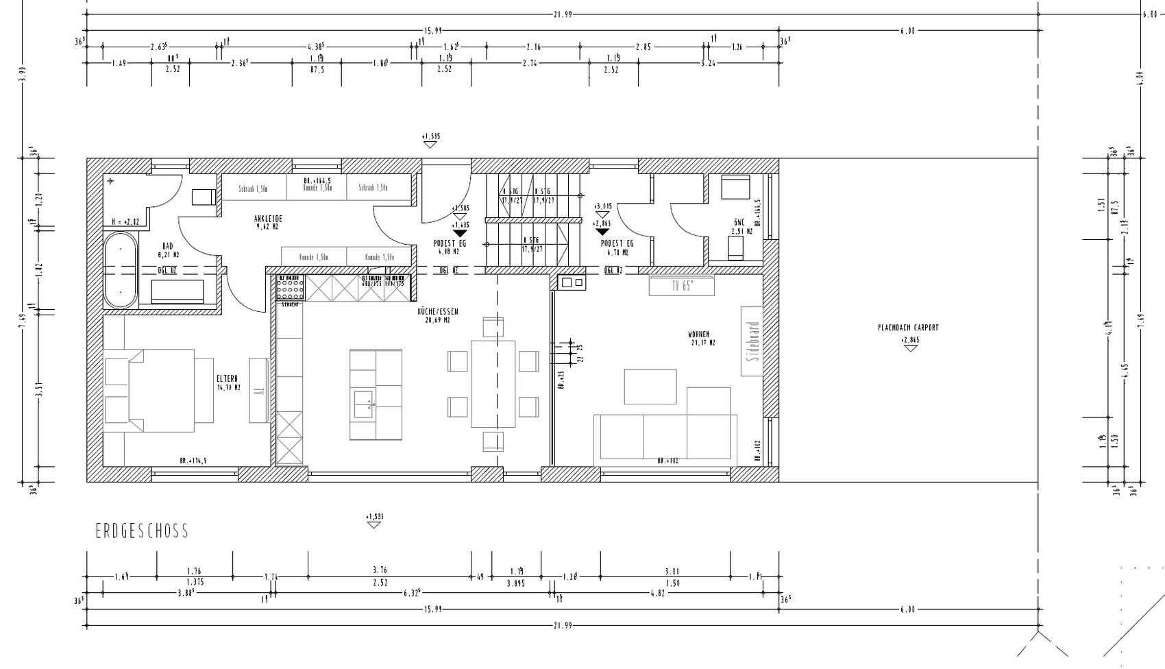 Erdgeschoss-Grundriss: Offenes Wohnzimmer mit Küche, Elternschlafzimmer, Bad und Carport