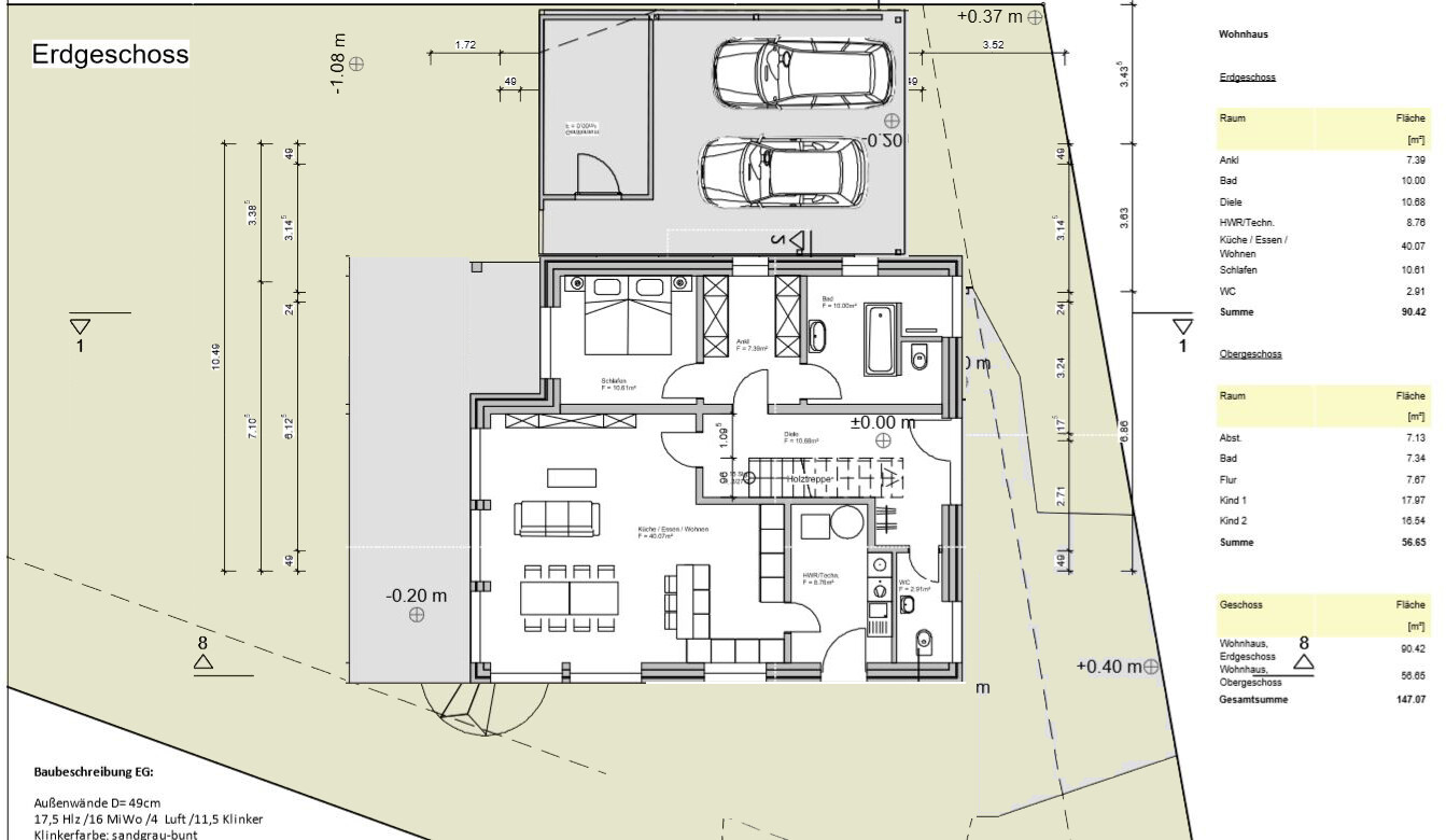 Grundriss Erdgeschoss: Garage, Wohn- und Essbereich, Kuche, Flur, Bad, Treppe, Aussenflaechen.