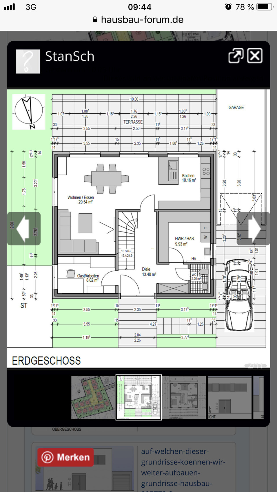 Grundriss Erdgeschoss: Wohnen/Essen, Kochen, Gast/Arbeiten, Diele, HWR/HAR, WC, Garage.
