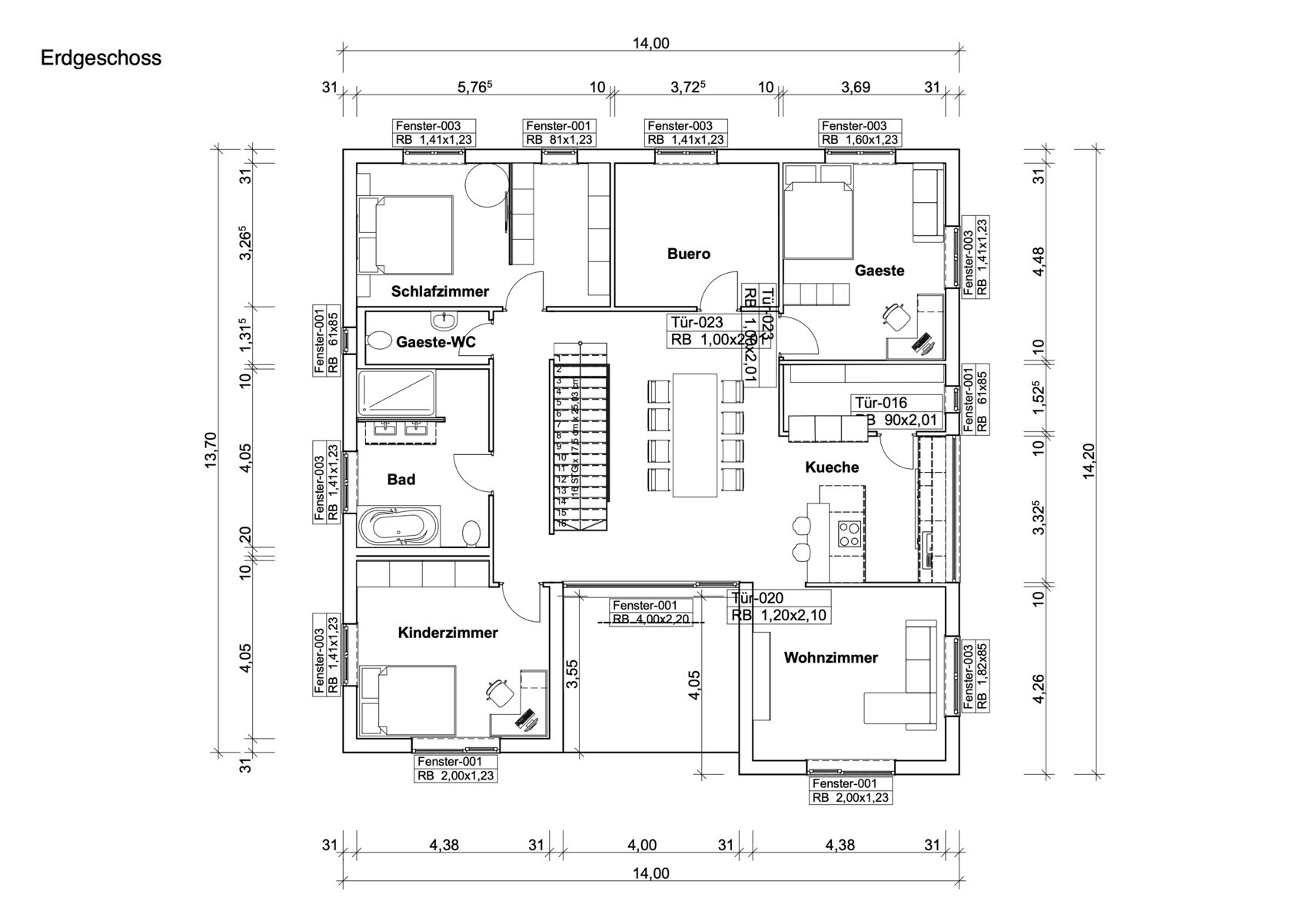Grundriss Erdgeschoss mit Schlafzimmer, Kinderzimmer, Bad, Küche, Wohnzimmer, Büro, Gästezimmer.