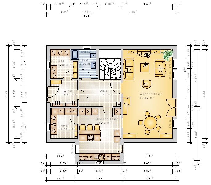 Erdgeschoss-Grundriss eines Hauses: offener Wohn-/Essbereich, Küche, Flur und Treppe.