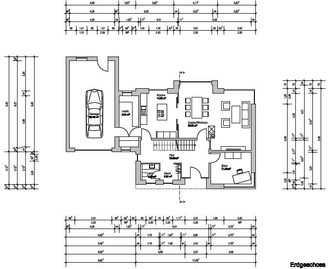 Grundriss eines Hauses im Erdgeschoss: Garage, Küche, Wohn-/Essbereich, Arbeitszimmer, Bad, Flur.