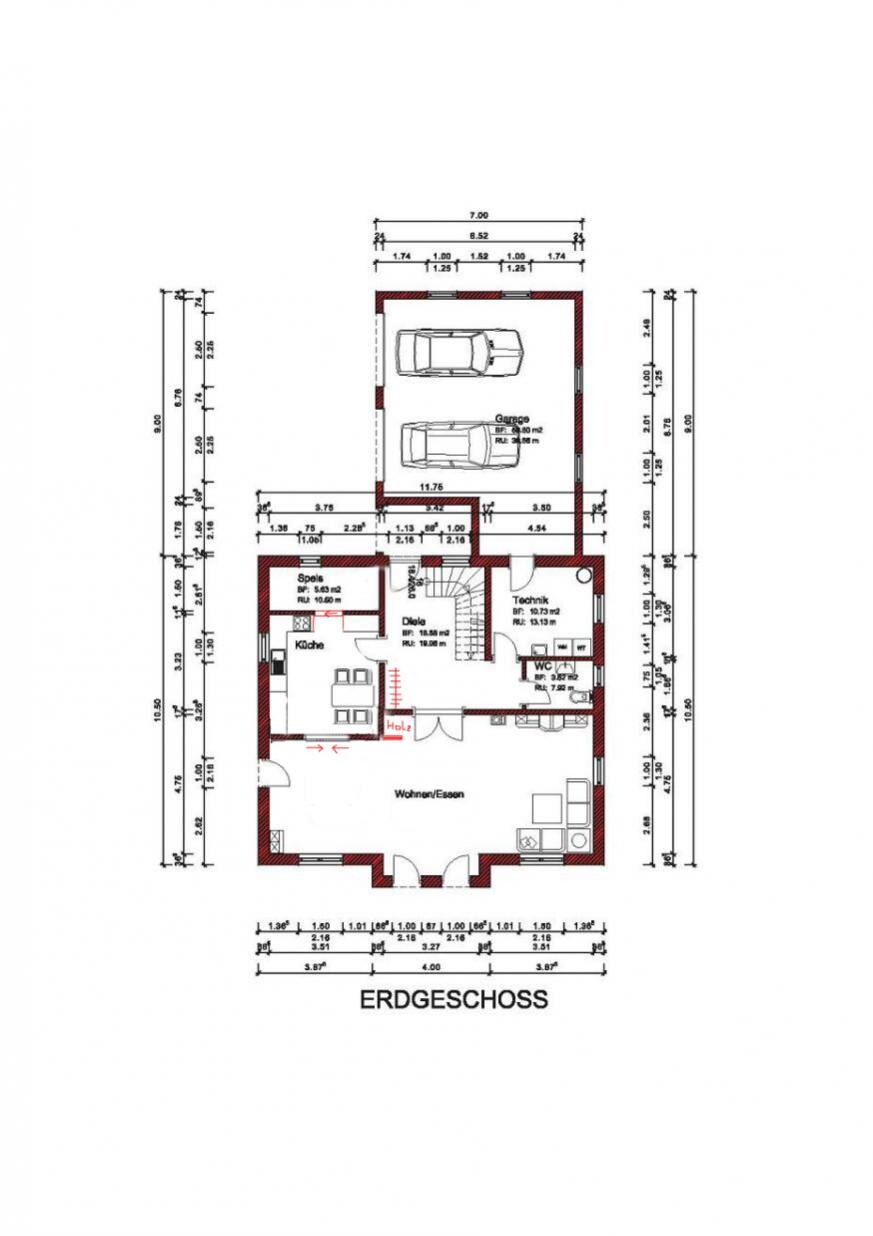 Erdgeschoss: Wohnzimmer, Küche, Diele, Technik, WC und Garage mit zwei Parkplätzen.