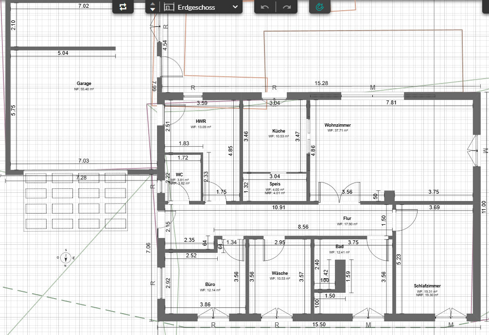 Grundriss Erdgeschoss mit Garage, Wohnzimmer, Küche, Flur, Bad und Schlafzimmer
