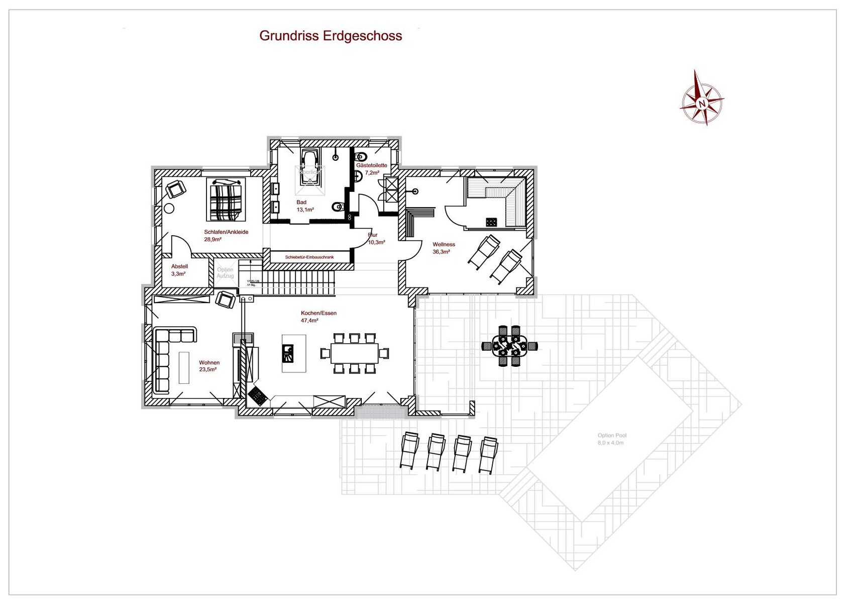 Grundriss Erdgeschoss: Wohnen, Kochen/Essen, Schlafen, Bad, Wellness, Flur, Abstell, Terrasse.