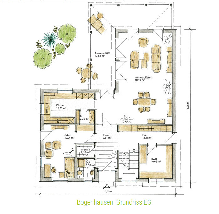 Grundriss EG Bogenhausen: Küche, Wohnen/Essen, Terrasse, Flur, HWR, Technik, Arbeitszimmer.