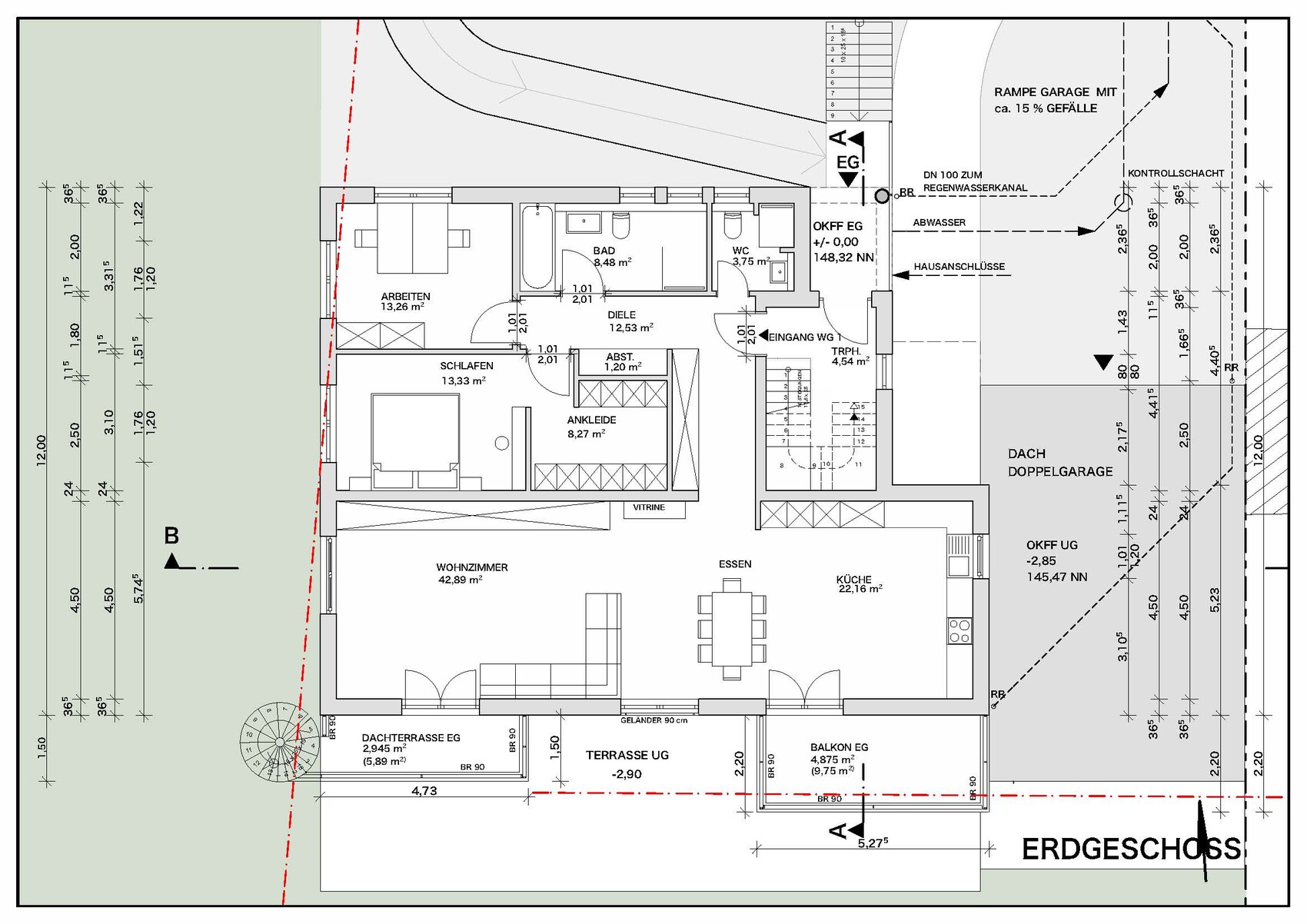 Grundriss EG: Wohnzimmer, Küche, Essen, Schlafzimmer, Bad, Terrasse, Balkon, Doppelgarage.