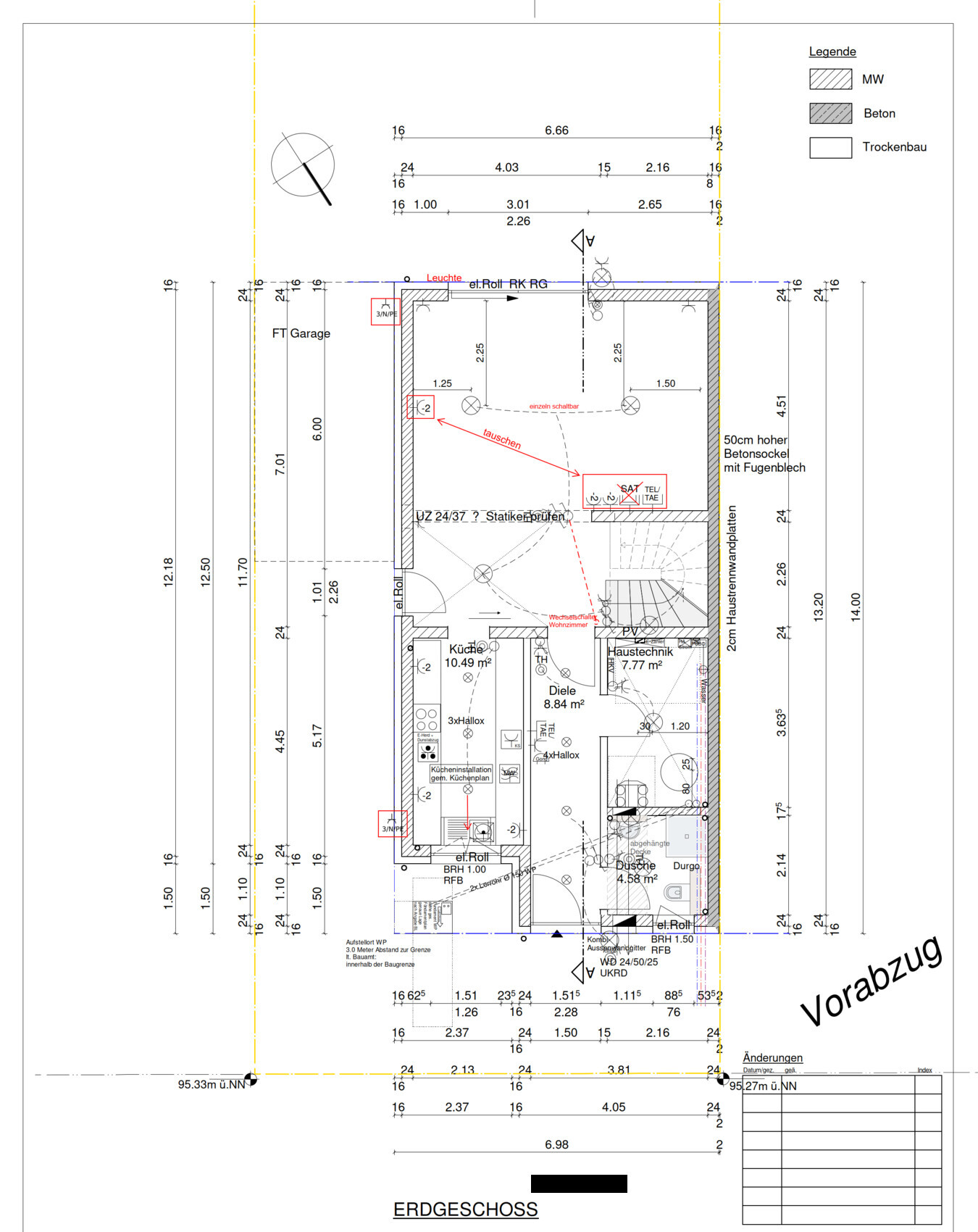 2D-Grundriss Erdgeschoss eines Hauses mit Küche, Diele, Wohnzimmer und Treppe, Maßangaben
