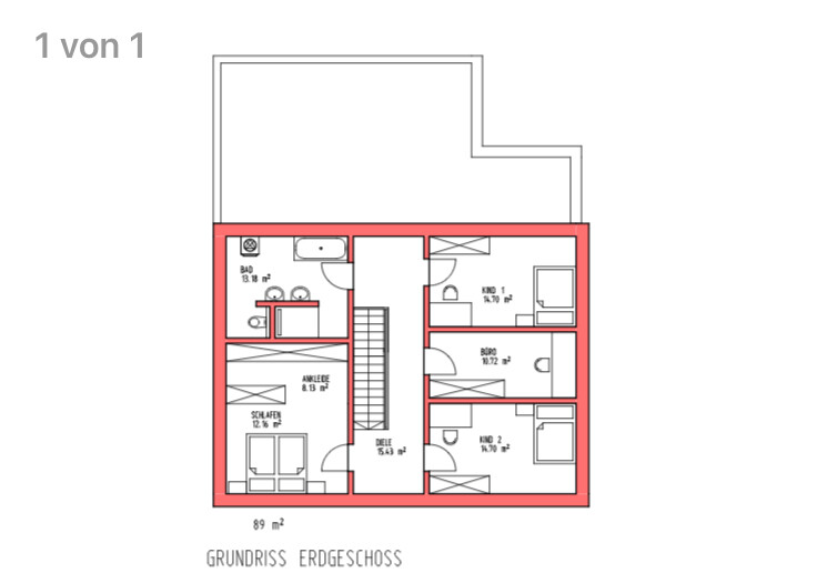 Grundriss Erdgeschoss eines Hauses mit Schlafzimmer, Bad und Flur