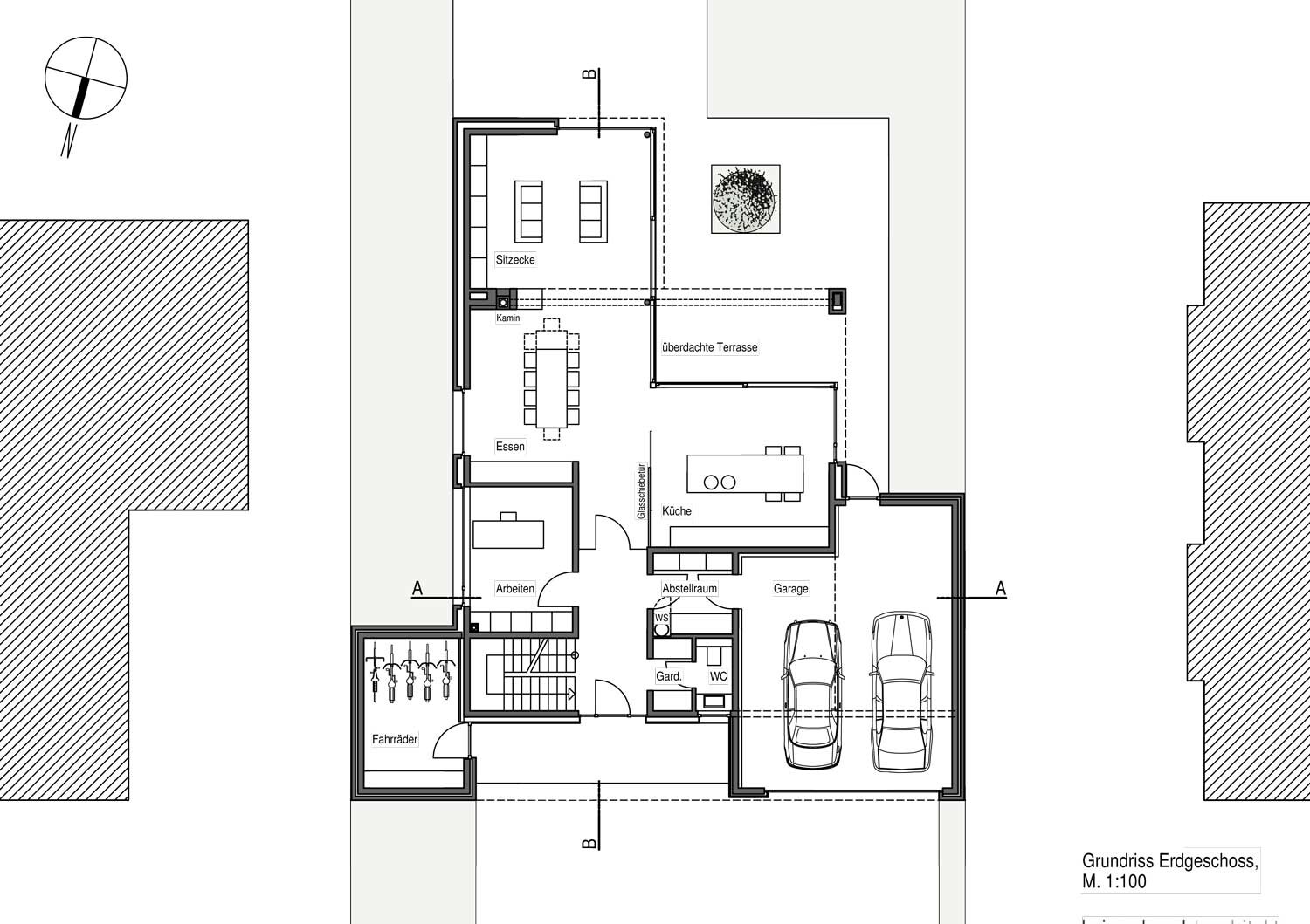 2D-Grundriss Erdgeschoss: Kueche, Essen, Wohnzimmer, Garage, Terrasse